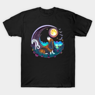 Basset Hound Dog in Space Crescent Moon Planets Stars Cute T-Shirt